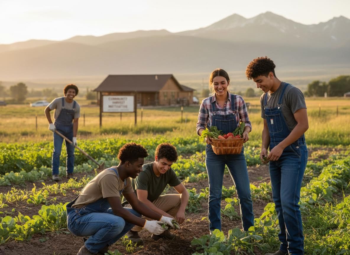 Young adults harvesting vegetables at a community farm