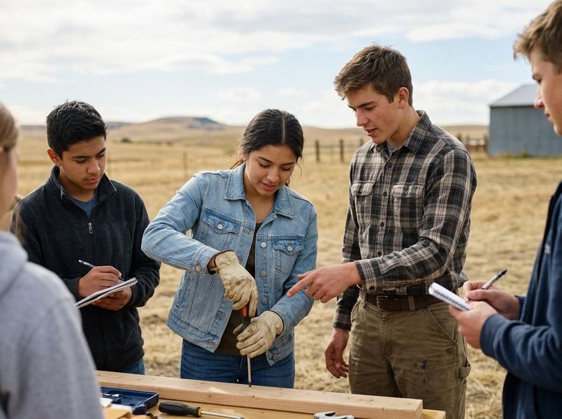 A group of diverse young people working together on a carpentry project outdoors, with one girl using a screwdriver under supervision. Students collaborating on an outdoor building project