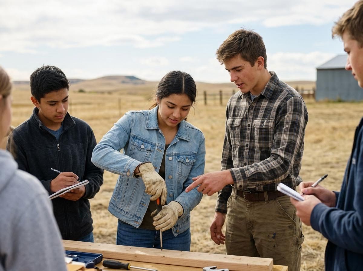 Students collaborating on an outdoor building project