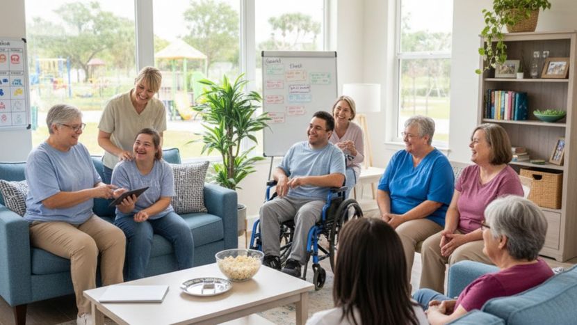 Group of diverse adults and caregivers interacting positively in a bright, modern group home living room, smiling and engaged in conversation.