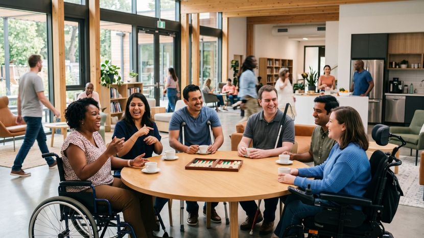 A diverse group of adults with disabilities smile and collaborate together in a modern, brightly lit communal living area.