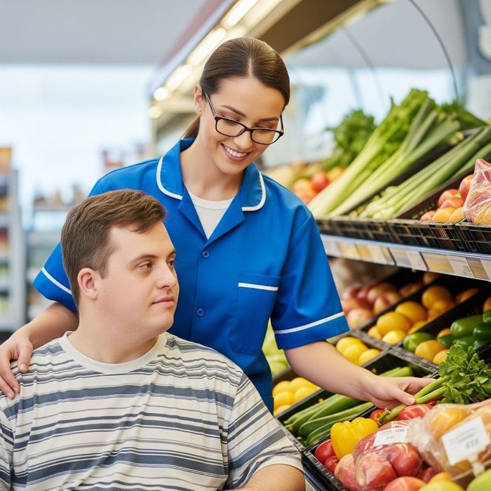 caregiver helping adult with special needs at grocery store