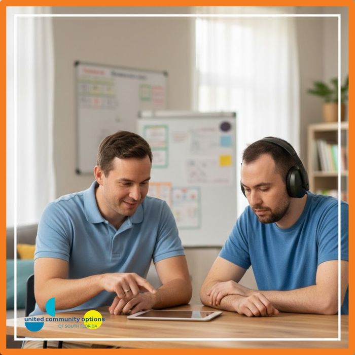 Two men sitting at a table, one wearing headphones and focused on a tablet, the other pointing to the screen and engaging.