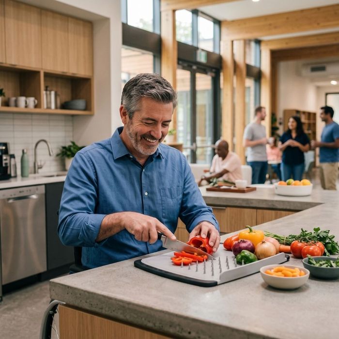 A man with a disability confidently prepares a meal in a clean, modern apartment kitchen.