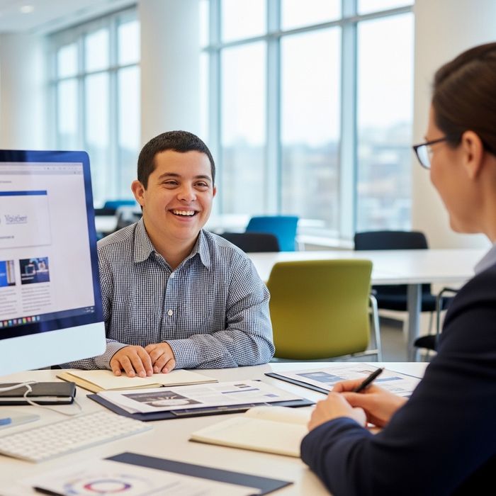 A person with a disability smiling while working in a professional office environment.