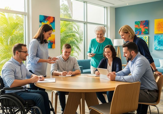 A diverse group of adults collaborating in a bright South Florida community center.