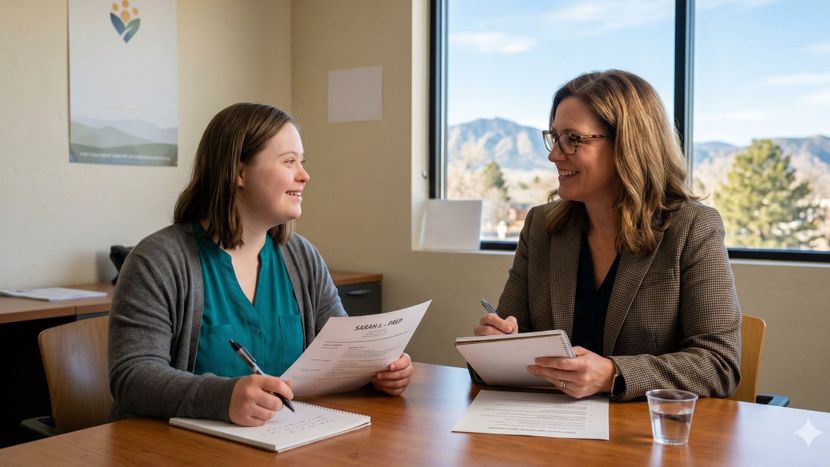 A young woman with Down syndrome and a career mentor smiling during a practice job interview in a bright, modern office. A young woman with Down syndrome and a career mentor smiling during a practice job interview in a bright, modern office.