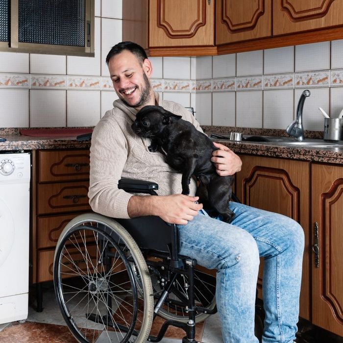 happy man in wheelchair with dog on his lap