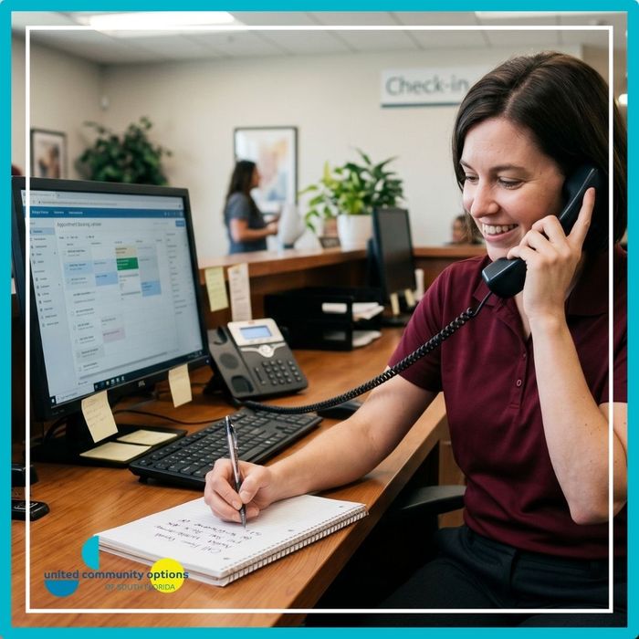 An office receptionist answering a telephone call and writing notes at a professional check-in desk.