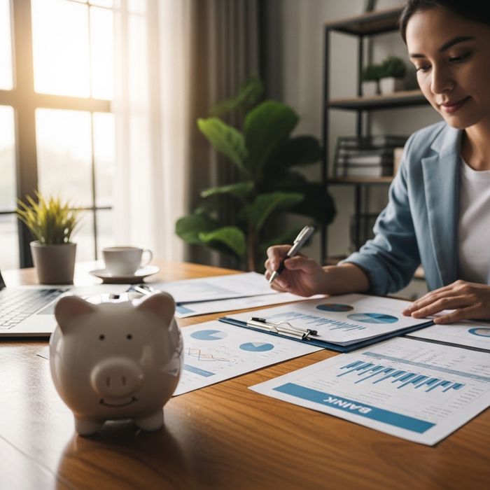 An individual reviewing financial documents near a piggy bank in a home office.