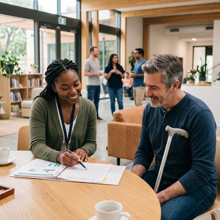 An adult with a disability and a support worker examine and discuss a personalized planning document together.