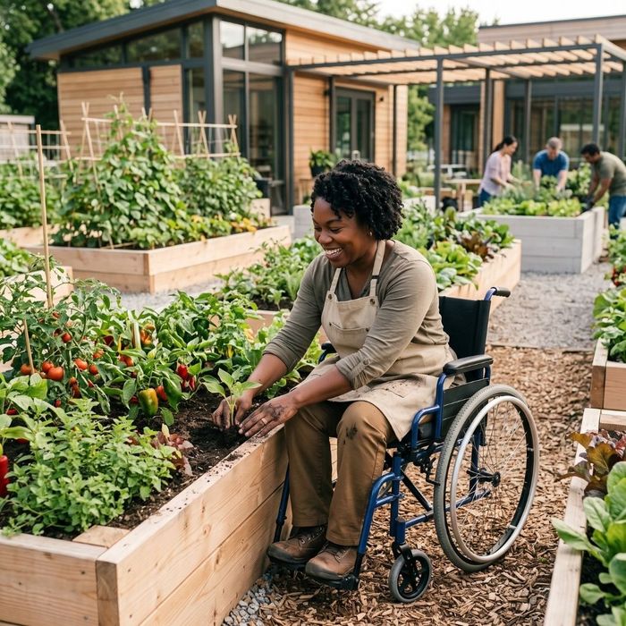 A smiling woman with a disability happily engages with others while volunteering in a vibrant community garden.