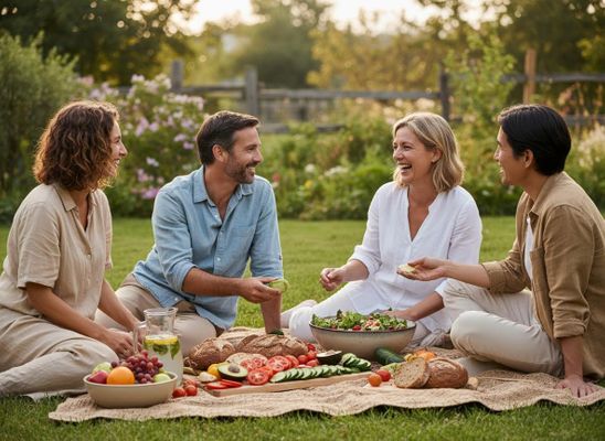 Four Friends Enjoying a Healthy Outdoor Picnic