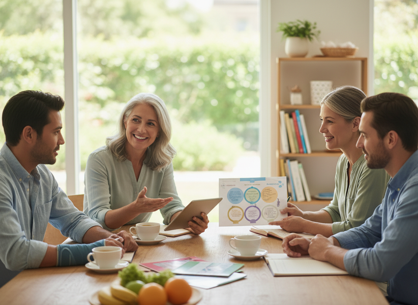 Four people discussing business at a table