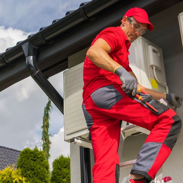 HVAC technician works on AC unit