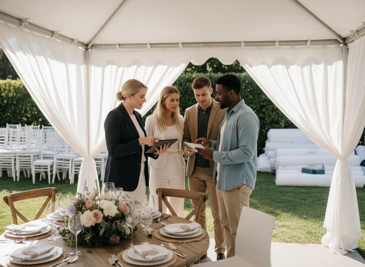 Event Planning Team Reviewing Details Under a Marquee