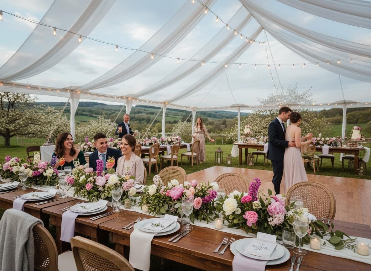 Outdoor Wedding Reception in Blooming Orchard