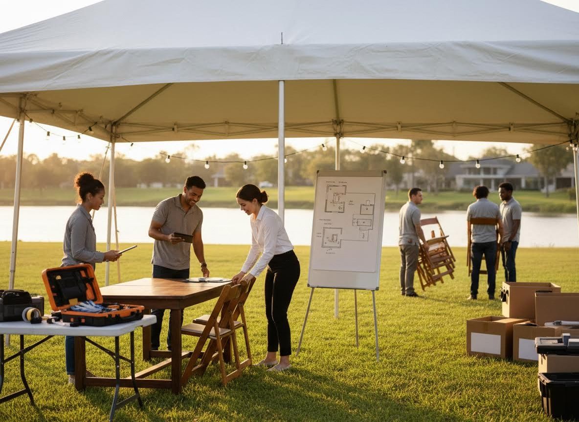 A diverse team sets up an outdoor event under a white tent by a lake at sunset. They arrange tables, chairs, and review plans on a whiteboard. Team setting up an outdoor event under a tent