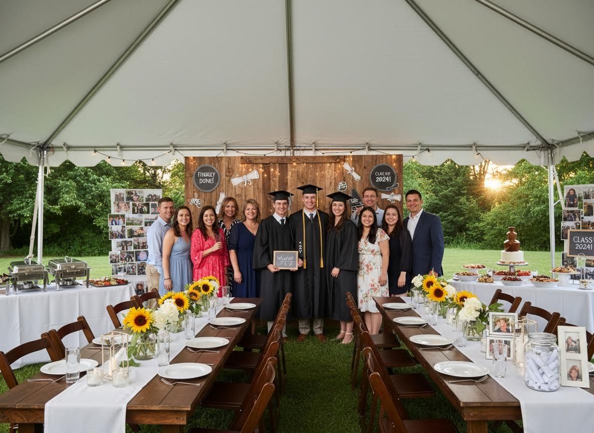 Graduation party with family and friends under a tent