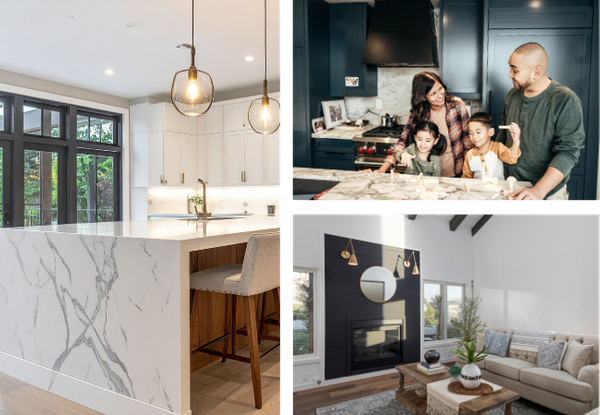 A collage showcasing a waterfall-edge marble kitchen island, a family enjoying time in a modern kitchen, and a living room featuring a custom black shiplap fireplace wall and high-end furniture.
