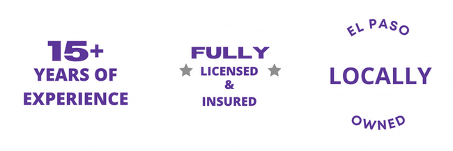 Professional trust badges indicating 15 plus years of experience, fully licensed and insured status, and El Paso locally owned business credentials