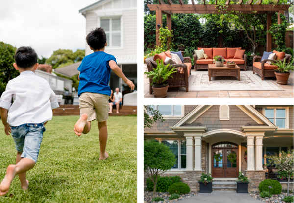 A three-image collage showcasing children playing on a healthy green lawn, a custom wood pergola with a stylish outdoor seating area, and a stone-accented home entryway with landscaping.