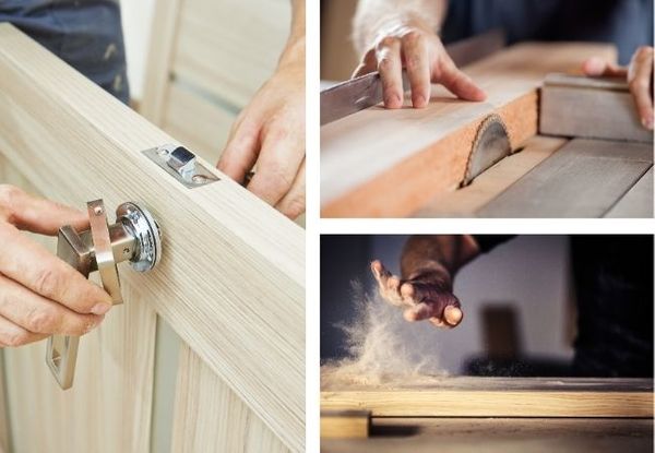 collage featuring detailed millwork tasks: installing premium door hardware, cutting lumber with a table saw, and a dramatic shot of sawdust flying during a precision wood cut.