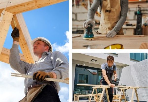 a carpenter installing structural timber beams, a woodworker using a power sander on a custom tabletop, and an outdoor project involving precision saw cutting on sawhorses
