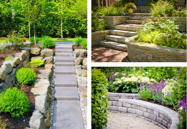 collage showcasing a natural stone tiered walkway, a dry-stack stone garden bed with steps, and a modern curved interlocking block wall with vibrant flowers.