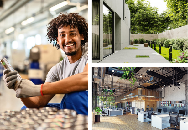 collage featuring a smiling commercial contractor, a modern concrete exterior courtyard with minimalist landscaping, and a high-end industrial-style office renovation with exposed ceilings and contemporary workstations.