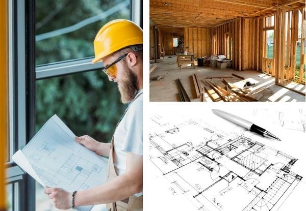 collage representing project readiness: a contractor reviewing site blueprints, an interior view of a home during the framing stage, and a professional architectural floor plan with a pen