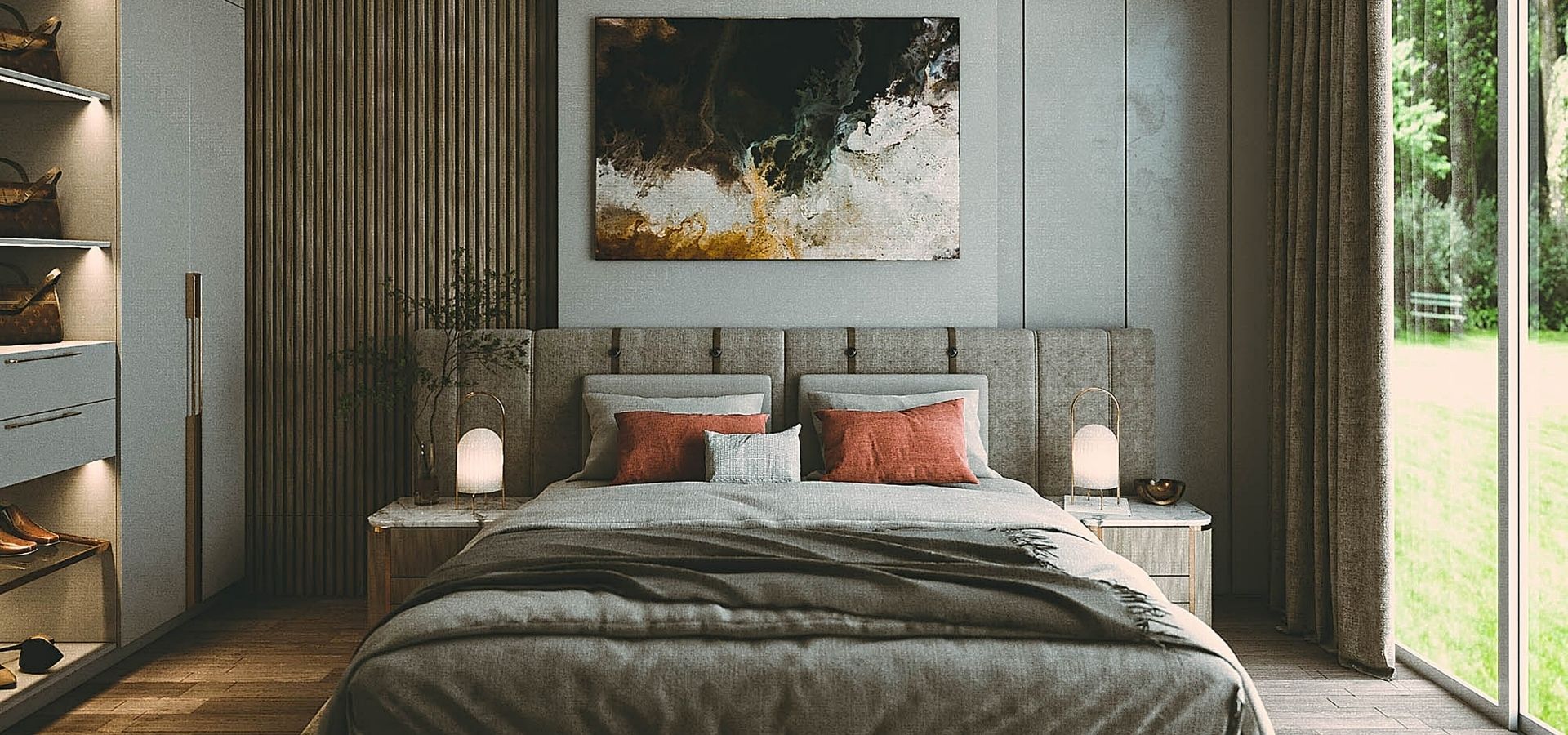 A master bedroom remodel featuring a sophisticated grey upholstered headboard, modern pendant lighting, custom wood slat wall accents, and floor-to-ceiling windows.