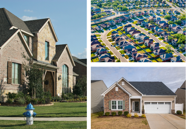 A collage featuring a luxury stone-and-brick home with custom rooflines, an aerial view of a residential neighborhood with expert roofing, and a modern single-story home with a newly finished black shingle roof.