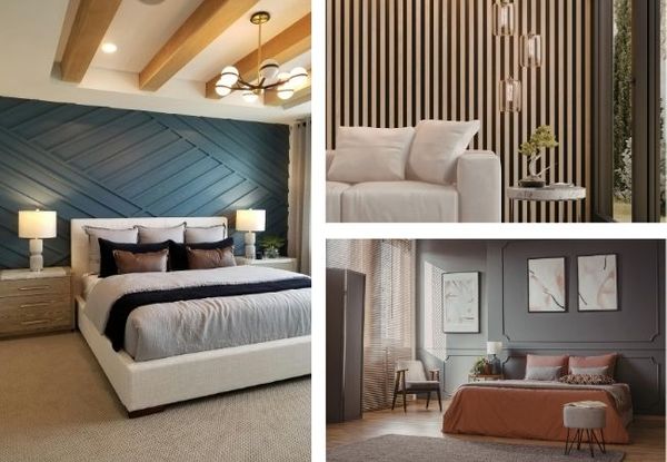 a luxury bedroom with a teal geometric accent wall and wood-beamed ceiling, a modern vertical slat wall feature, and a classic grey bedroom with elegant wall picture frame molding.