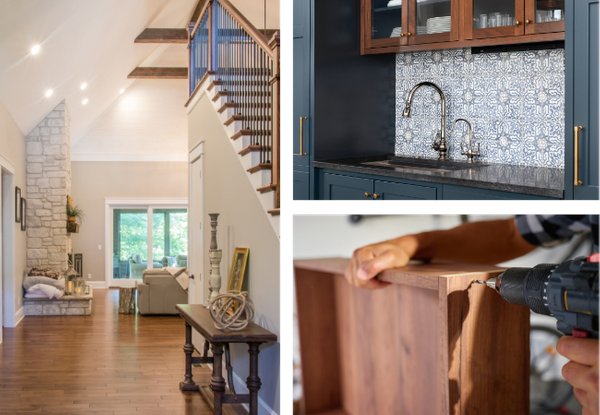 Three-panel collage showing a grand entryway with vaulted ceilings, a custom wet bar with blue cabinetry and mosaic tile, and a close-up of a carpenter using a power drill on a wood project.