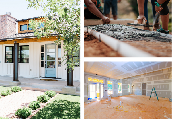 modern farmhouse exterior, a close-up of a worker smoothing a new concrete foundation, and an interior room during the drywall and taping phase.
