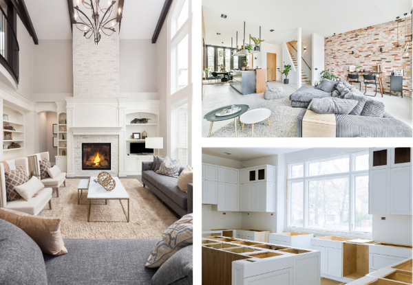 high-end home renovations featuring a white brick fireplace in a grand living room, a modern open-concept loft with exposed brick, and a kitchen during the custom cabinet installation process.