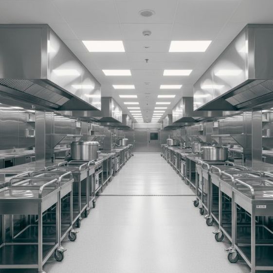 A large institutional kitchen with long rows of clean stainless steel equipment and prep carts.