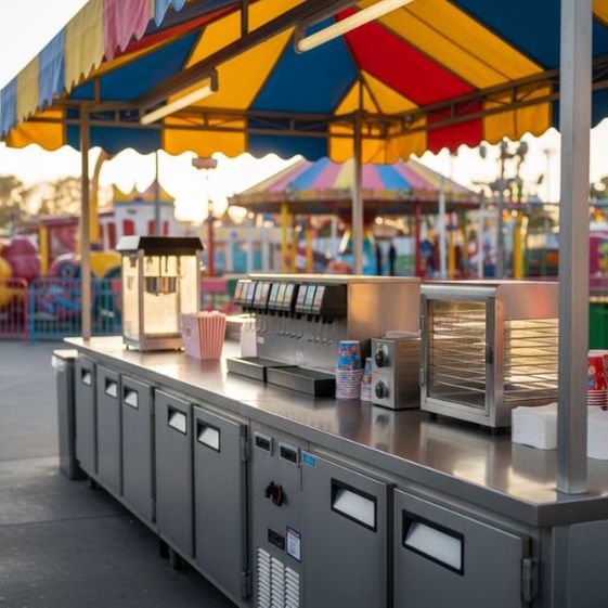 An outdoor amusement park food stall with a clean stainless steel counter and colorful awning.