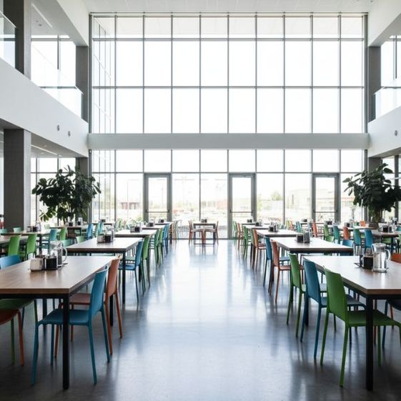 A spacious and modern cafeteria with neatly arranged tables and colorful chairs.