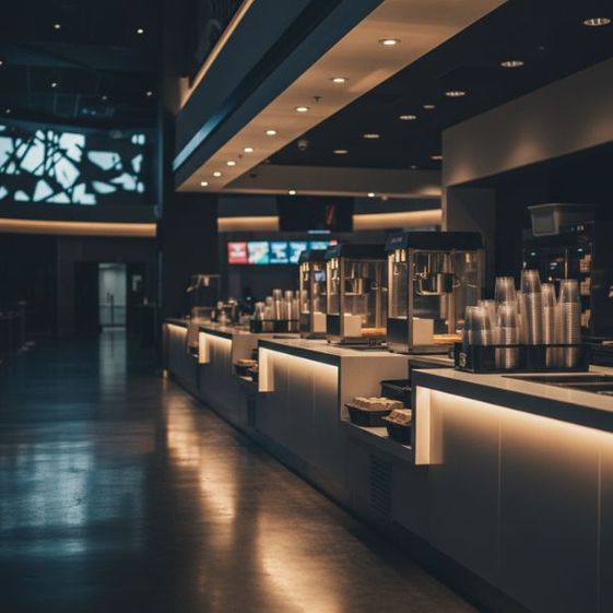 A long, modern concession counter in an entertainment venue, illuminated by soft lighting.
