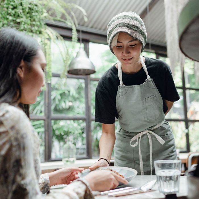 happy server serving food to customer happy server serving food to customer