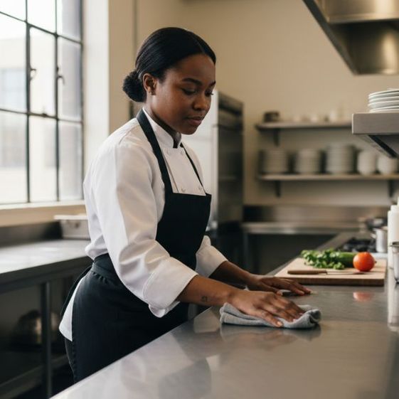 A chef in a clean uniform wiping down a stainless steel kitchen counter.