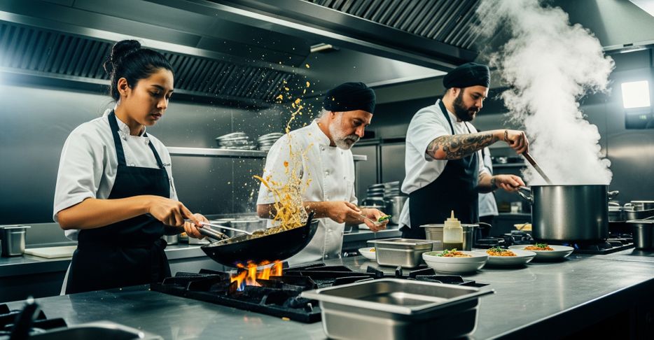 3 cooks working in a kitchen