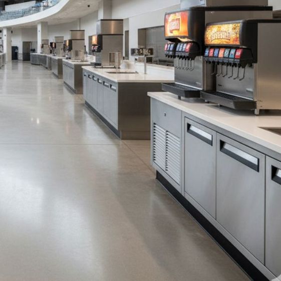 A long concession concourse with clean stainless steel counters and soda fountains.