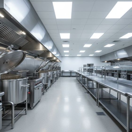 A large industrial kitchen featuring rows of stainless steel cooking vats and prep tables.