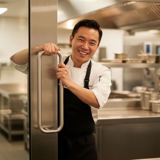 A smiling chef in a clean uniform opening a stainless steel kitchen door.