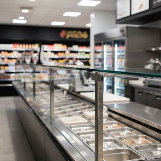 A clean deli and salad bar counter with stainless steel food containers.