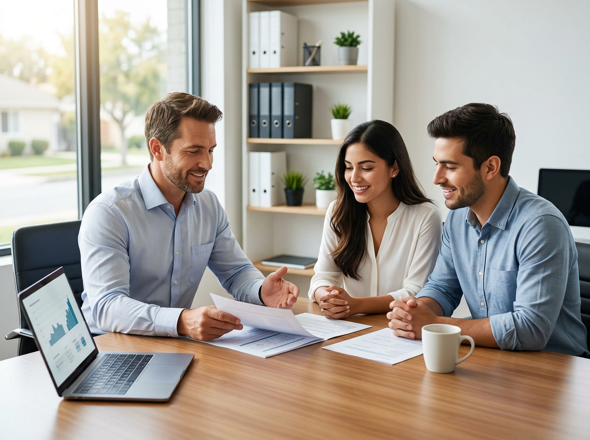 A male financial advisor explains documents to a smiling young couple at an office desk, with a laptop displaying financial charts. Financial Advisor Meeting with Young Couple