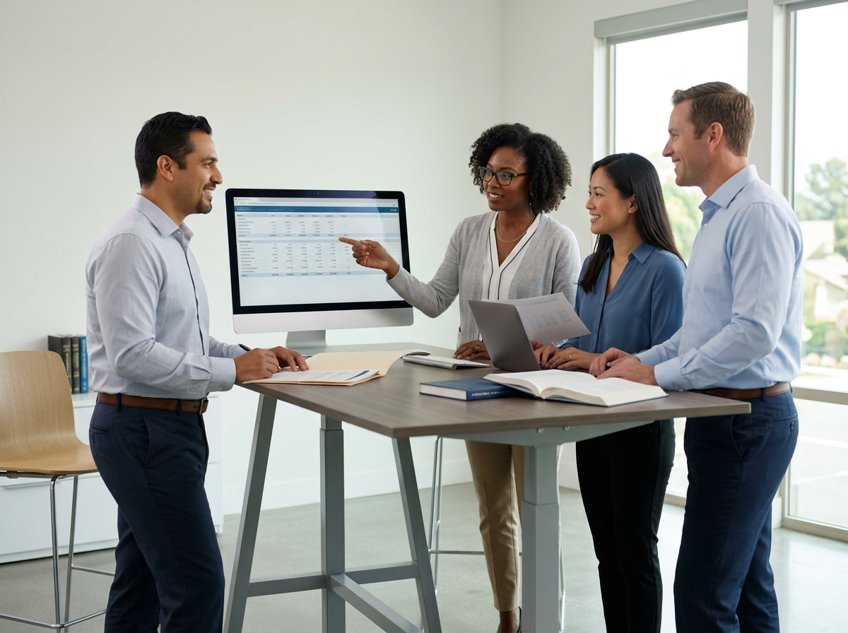 Diverse business team collaborating at a standing desk